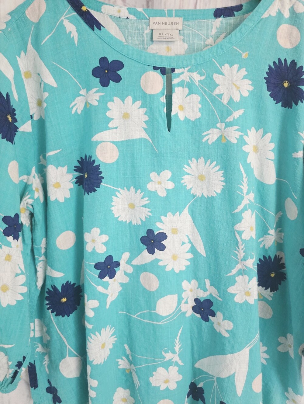 Van Heusen Floral Cotton Blend Peasant Blouse XL Aqua Blue White - Picture 3 of 8
